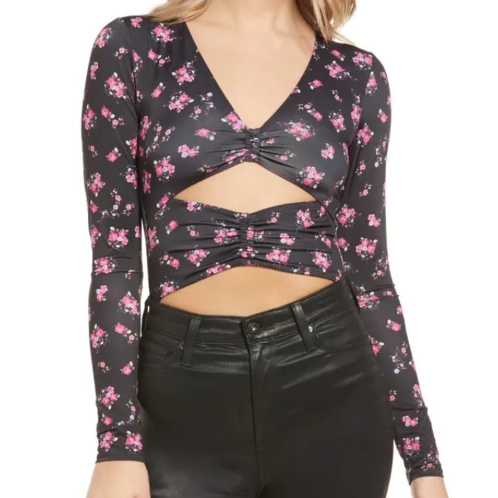 AFRM Gimli Floral Long Sleeve Silky Bodysuit Floral Cut Outs V Neck Extra Large
